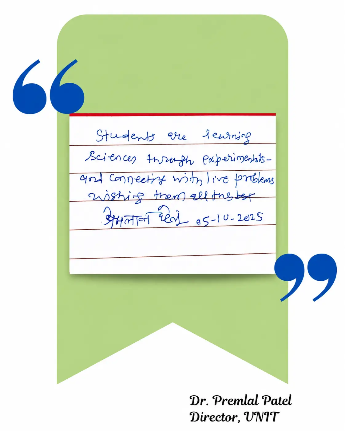 Handwritten testimonial by Dr. Premlal Patel