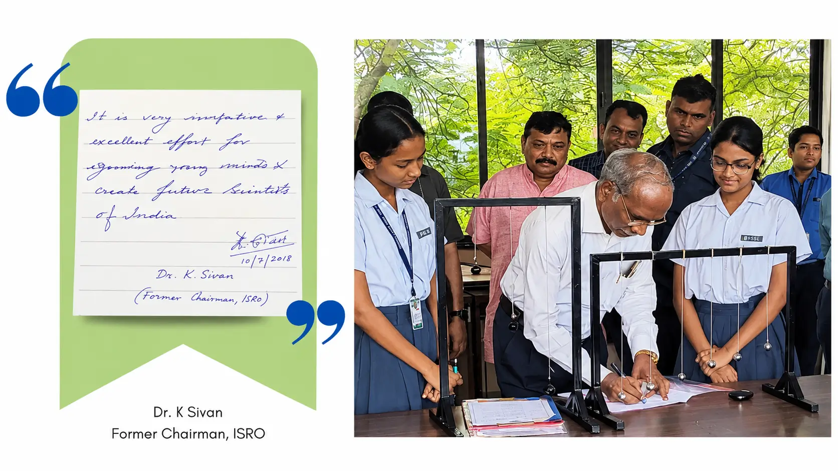 Dr. K Sivan testimonial slide and lab visit photo