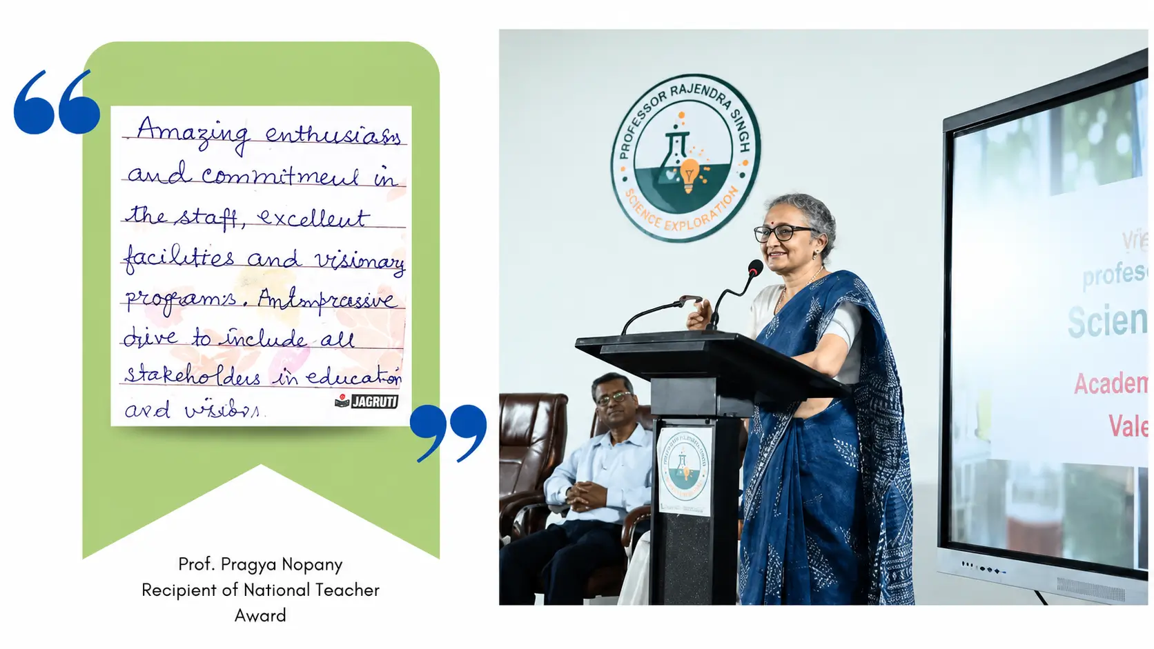 Prof. Pragya Nopany testimonial slide and speaking photo
