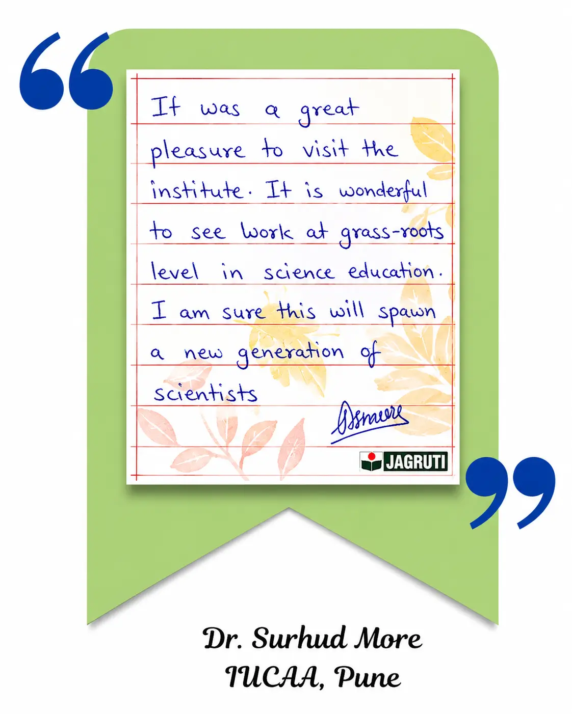 Handwritten testimonial by Dr. Surhud More