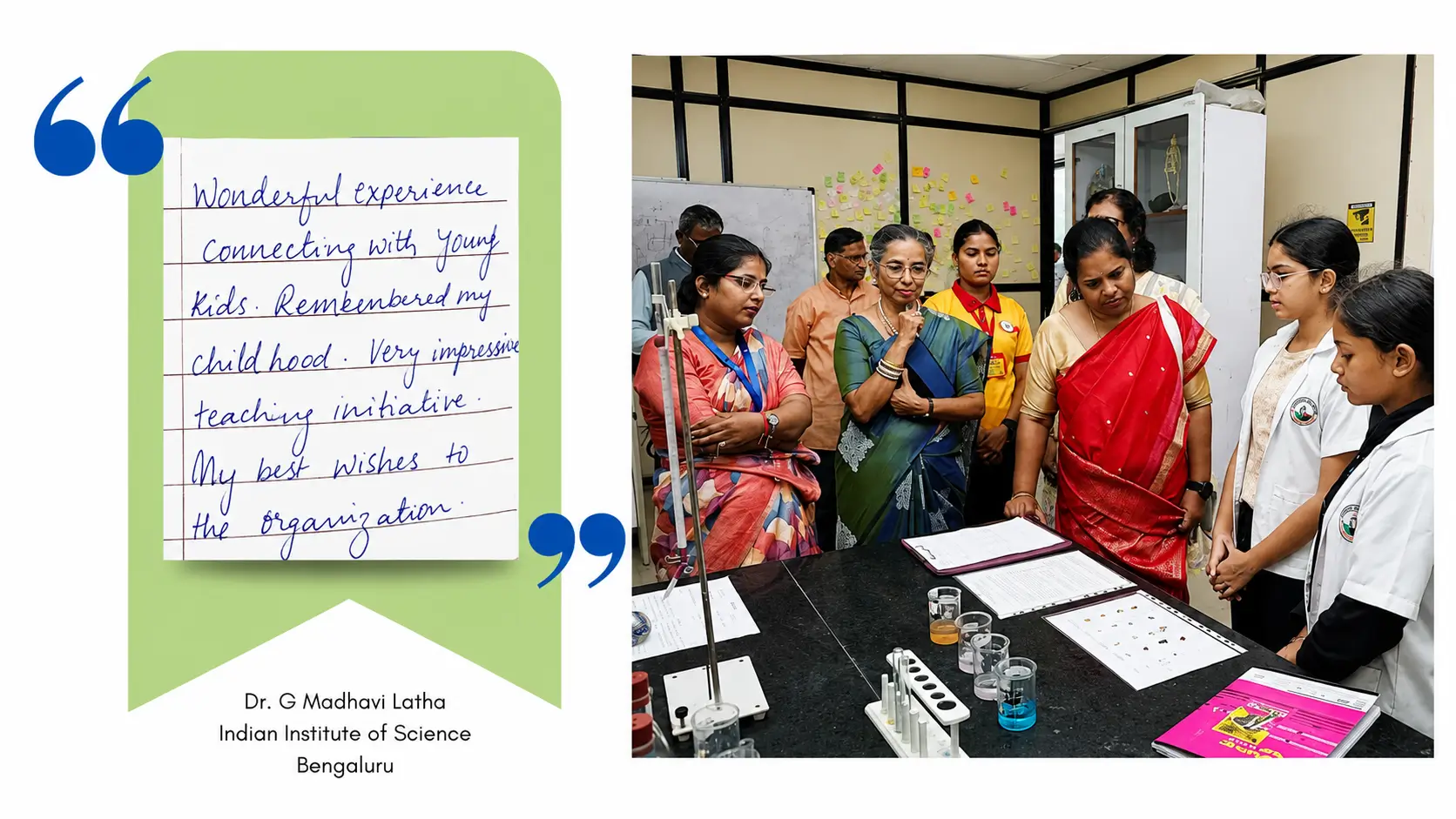 Dr. G Madhavi Latha testimonial slide and lab interaction
