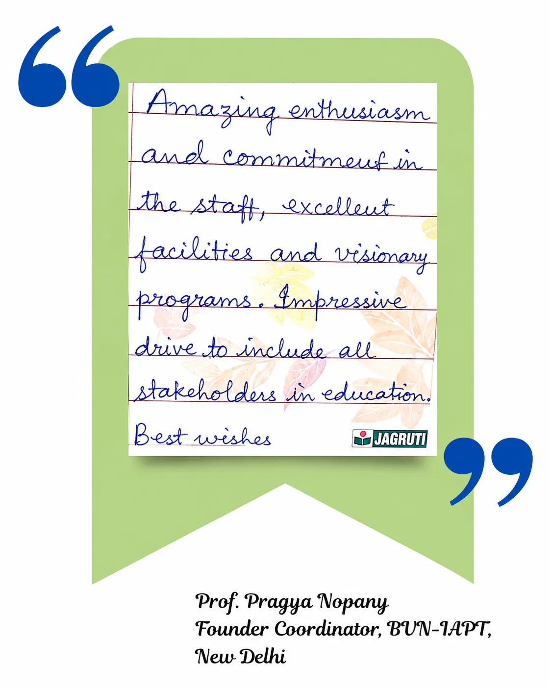 Handwritten testimonial by Prof. Pragya Nopany