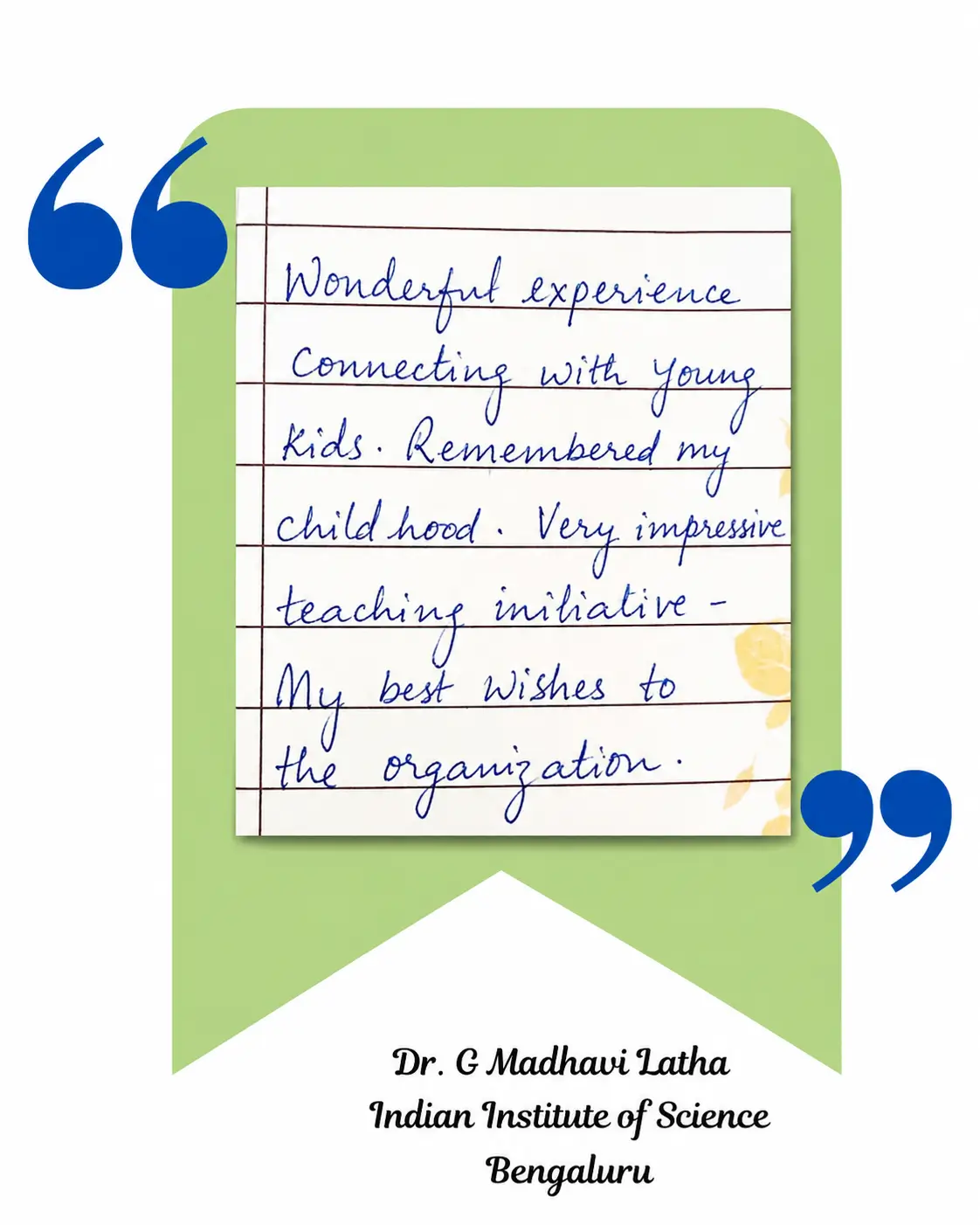 Handwritten testimonial by Dr. G Madhavi Latha
